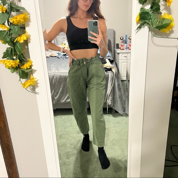 Zara Pants & Jumpsuits Zara Olive Green Paper Bag Carrot Leg Ankle